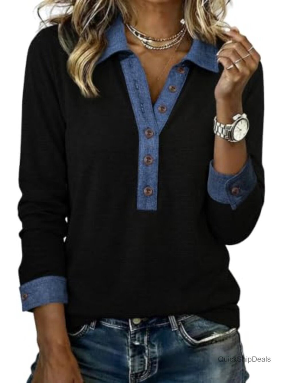 LEMAFER Denim Collar Patchwork Long Sleeve Pullover Top